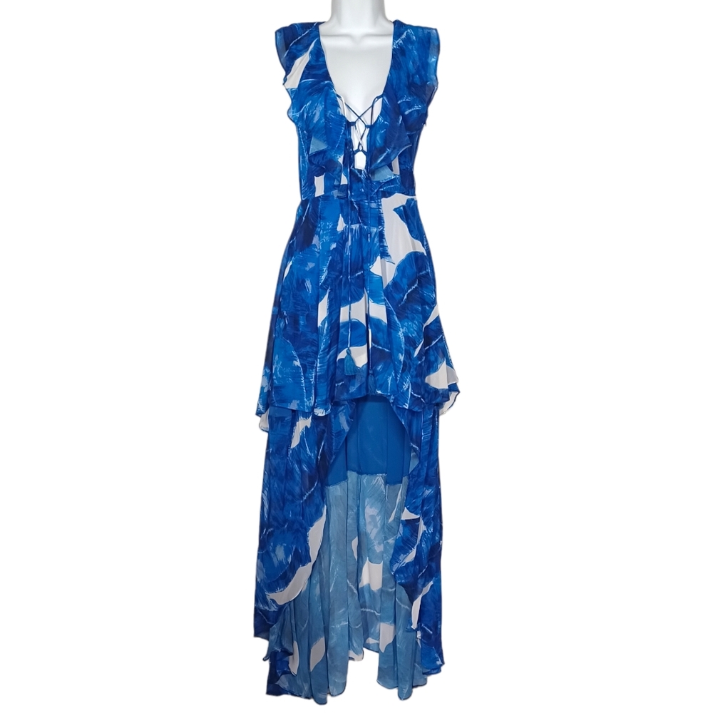LUXXEL Blue Leaf Tropical Print Lace Up Ruffle High Low Maxi Dress Small